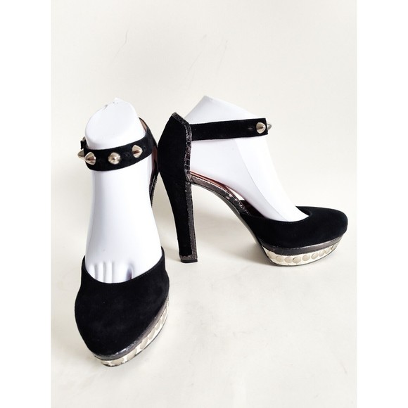 Y2K BCBG Paris Vtg Platform Suede Studded Ankle Strap 5" Block Heel Spikes Black - Picture 3 of 9